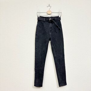 REFORMATION JEANS Kayo High & Skinny Jeans Belted in Black Erie Wash